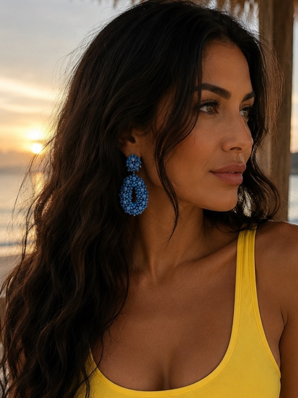 Blue Turquoise Beaded Statement Drop Earrings 3.5” Resort Style